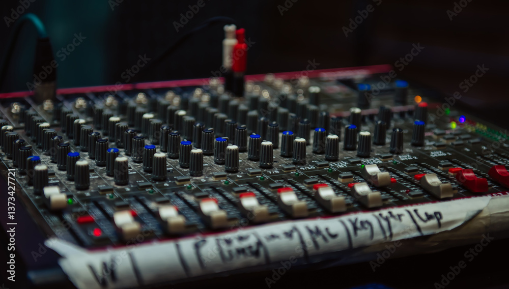 Fototapeta premium Mixer control and music engineer. Backstage controls on an audio mixer, sound mixer. Professional audio mixing console with lights, buttons, faders and sliders. sound check for concert