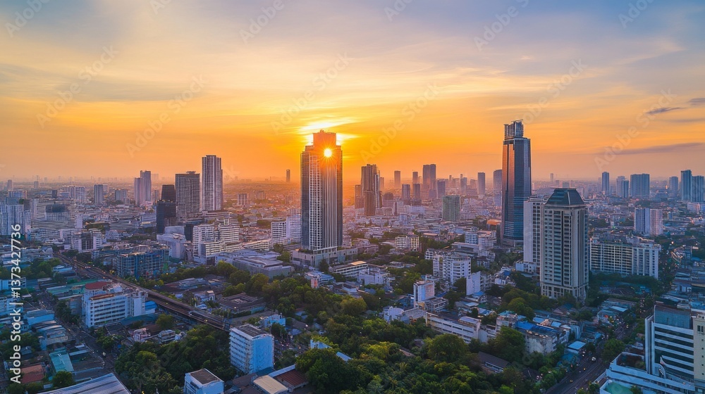 Fototapeta premium Sunset view over city skyline urban landscape aerial photography modern architecture vibrant colors serene atmosphere