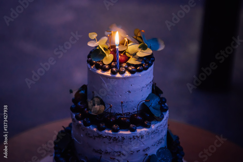 A burning candle on top of beautiful wedding cake in two tiers, decorated with fresh blueberries, cherries and green leaves. A top of a large and elegant wedding cake, dark background with copy space
