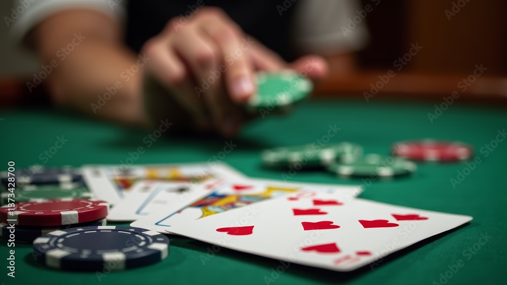 Hand Placing Chip On Poker Table Hand Placing Chip On Poker Table