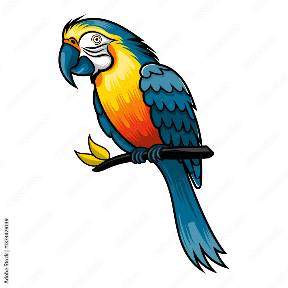 Fototapeta premium Colorful Cartoon Parrot Sitting on Branch – Vibrant Blue, Yellow, and Red Tropical Bird with Curved Beak and Detailed Feathers – Vector Illustration for Jungle Themes, Mascots, and Exotic Wildlife Art