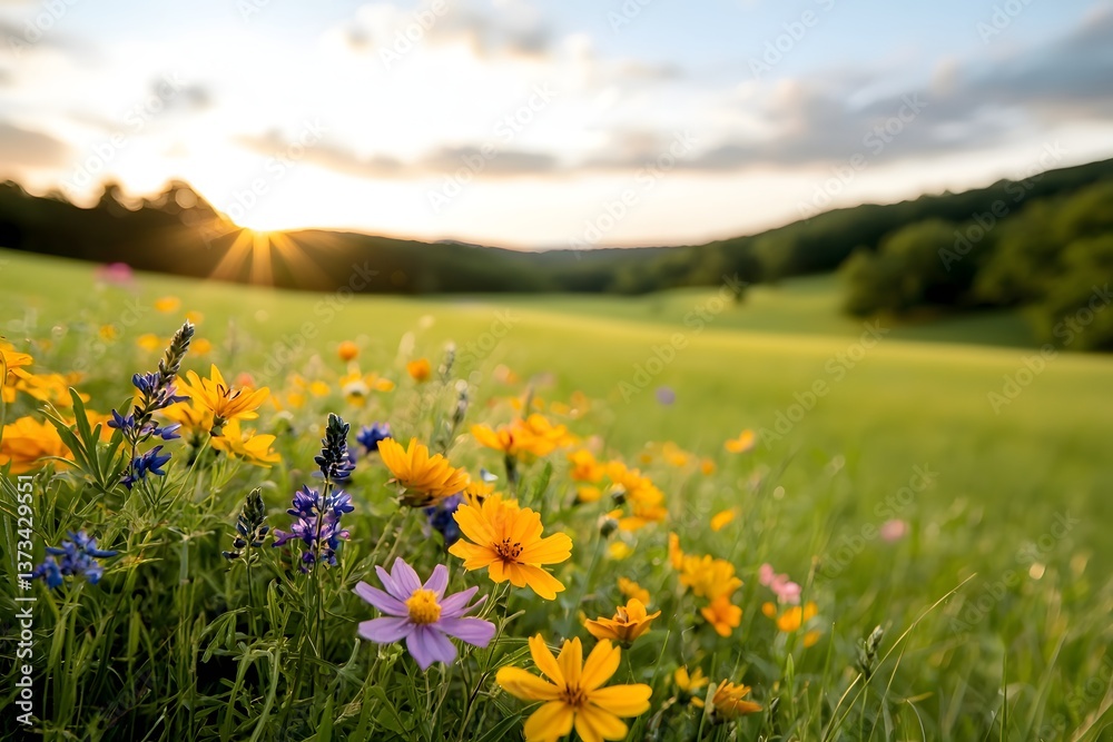 Obraz premium A serene open meadow teeming with a vibrant array of colorful blooms and flora where whimsical non binary individuals are depicted in peaceful communion with the natural world