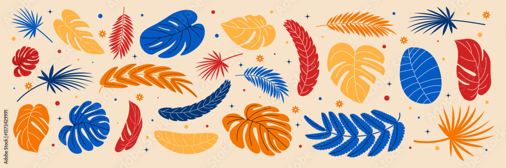 Obraz premium Set of tropical summer leaves. Monstera, palm and other botanical elements. Flat leaves of jungle. Vector illustration in trendy colors