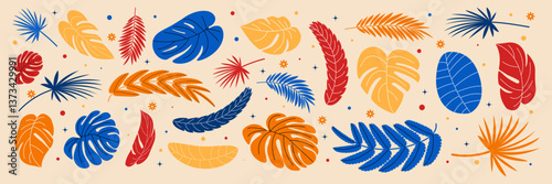 Set of tropical summer leaves. Monstera, palm and other botanical elements. Flat leaves of jungle. Vector illustration in trendy colors