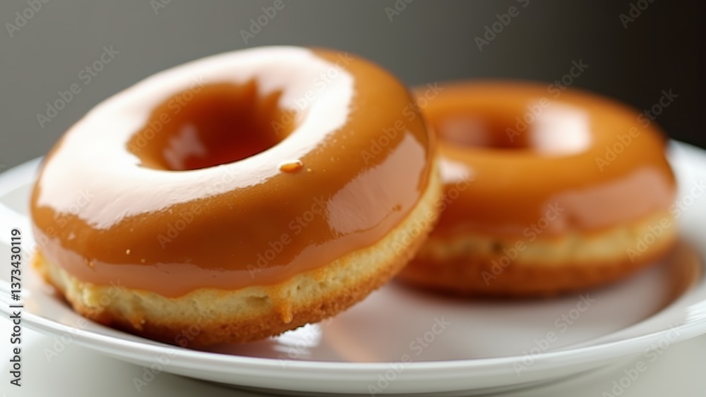 Two Caramel Glazed Donuts On Plate Two Caramel Glazed Donuts On Plate