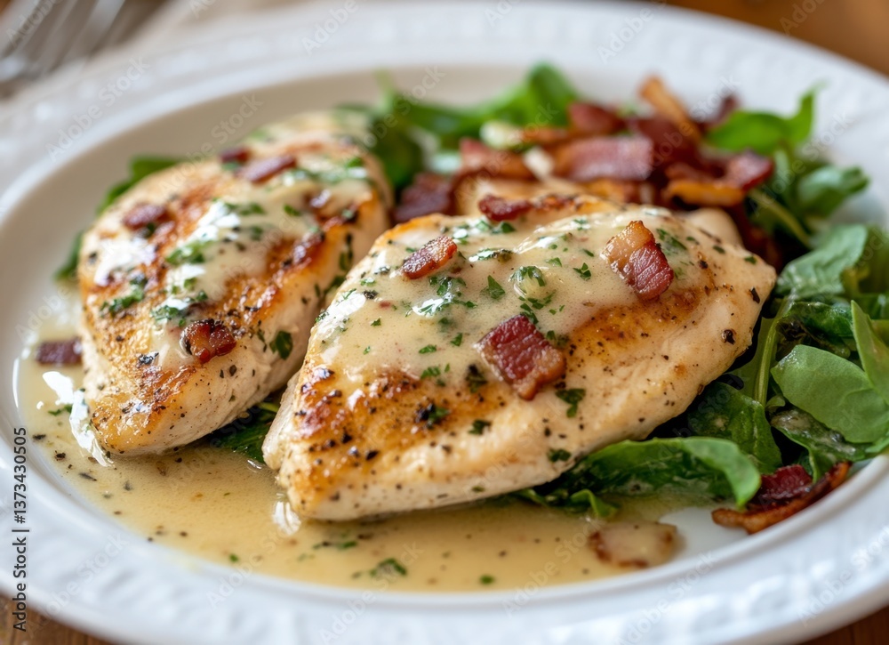 Delicious Chicken Breast with Bacon and Creamy Sauce on Plate Delicious Chicken Breast with Bacon and Creamy Sauce on Plate