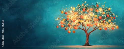 A vibrant tree adorned with colorful fruits and lights against a soothing backdrop.