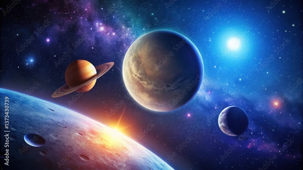Fototapeta premium A Celestial Tapestry of Planets, Stars, and Nebulae in a Vast, Expansive Universe