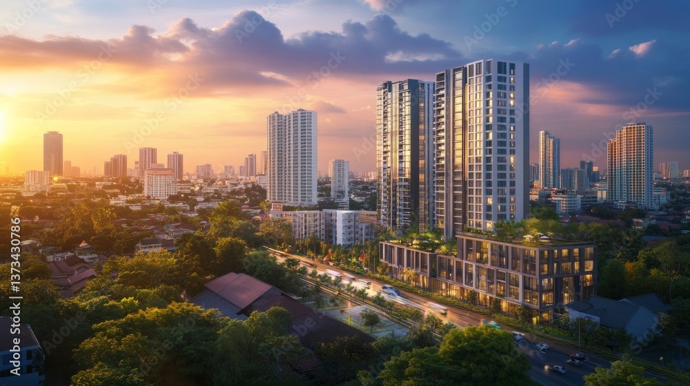 Fototapeta premium Sunset skyline transformation urban city landscape photography modern environment aerial view urban development concept