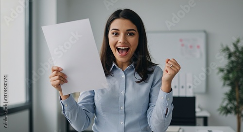 Receiving appreciation letter and celebrating reward-winning moment for office work success. Generative AI