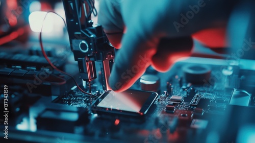 A robotics engineer designing robotic arms for automated electronics assembly, high-tech electronics factory with robotic arms assembling smartphones and circuit boards, Industrial style