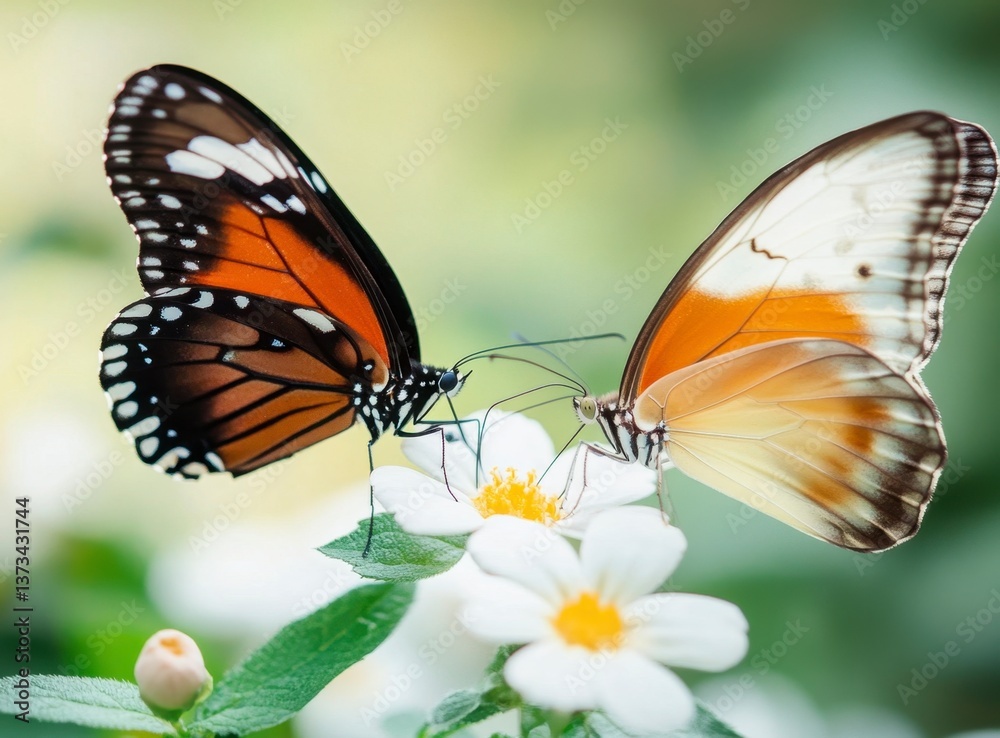 Fototapeta premium Two Butterflies Resting on White Flowers in Soft Natural Light