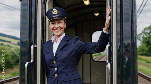 Cheerful train conductor greeting passengers on countryside journey