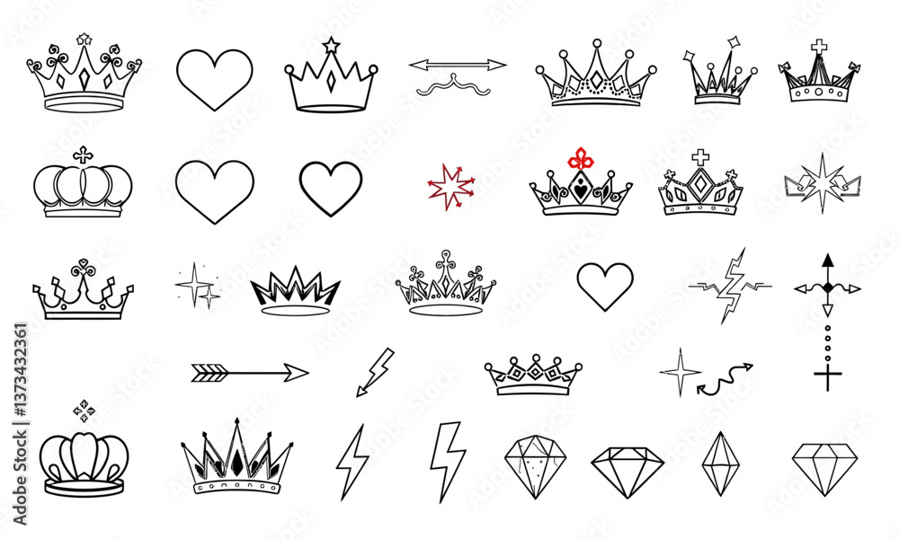 Fototapeta premium Elegant collection of crown and heart icons, featuring various designs and styles, perfect for decorative purposes, invitations, or graphic design projects. red star adds unique touch