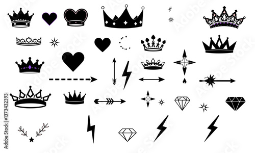 Stylish collection of decorative elements including crowns, hearts, stars, and diamonds, perfect for enhancing designs with playful and whimsical touch