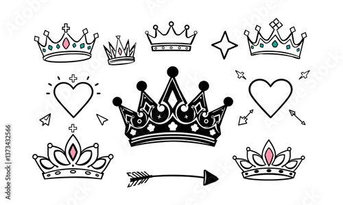 Crown illustrations featuring various designs, including hearts and stars, create whimsical and royal theme. Perfect for creative projects, these elements evoke sense of elegance and charm