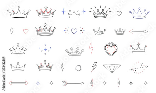 Crown icons in various styles, including hearts, stars, and arrows, create playful and whimsical design. These elements are perfect for adding royal touch to any project
