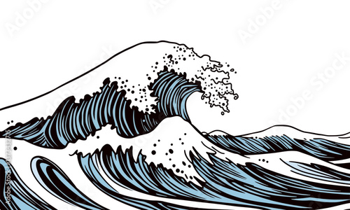 dynamic ocean wave illustration featuring bold lines and vibrant blue tones, capturing energy and movement of sea. design evokes sense of adventure and tranquility