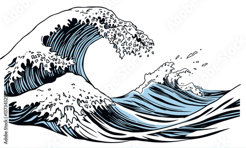 Stylized ocean wave illustration featuring dynamic curves and splashes, capturing essence of movement and energy in serene blue color palette