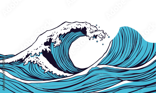 vibrant illustration of ocean waves, showcasing large cresting wave with dynamic lines and contrasting colors. design captures energy and movement of sea, evoking sense of adventure and