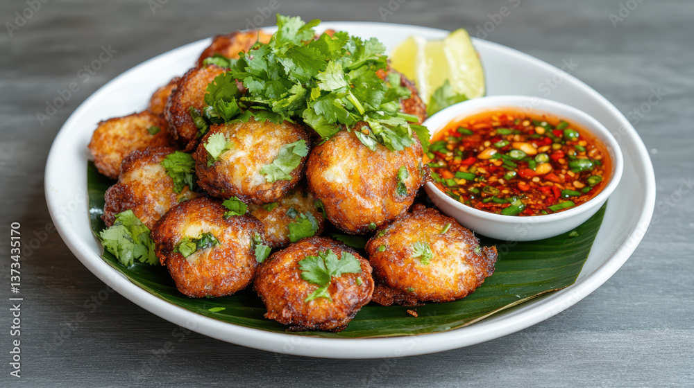 Crispy Thai oyster omelet served with spicy dipping sauce and fresh herbs, delightful treat Crispy Thai oyster omelet served with spicy dipping sauce and fresh herbs, delightful treat