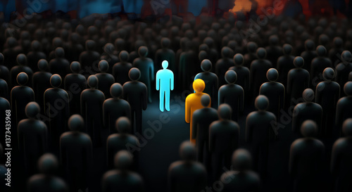 A bold yellow figure stands out among a crowd of dark figures, symbolizing individuality, leadership, and the power of uniqueness.