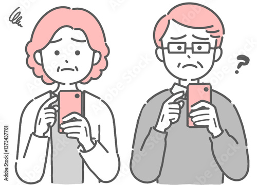 スマホを操作して不安なシニアの男女のイラスト

