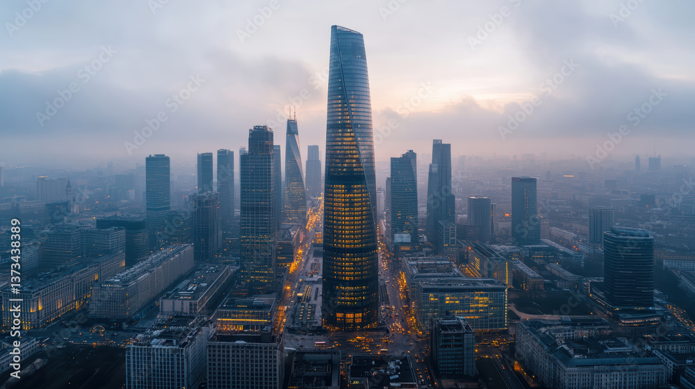 Obraz premium stunning aerial view of modern city skyline dusk, showcasing tall skyscrapers and glowing lights