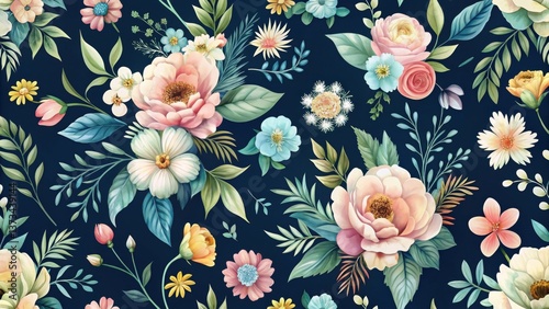 A Deep Teal Floral Pattern Featuring Delicate Blooms and Lush Greenery, Ideal for Textile Designs and Artistic Applications