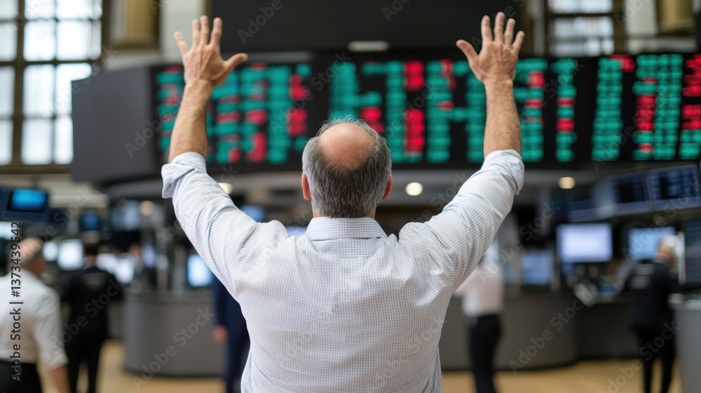 Traders celebrating successful day on stock exchange floor with raised hands Traders celebrating successful day on stock exchange floor with raised hands