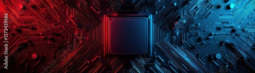 Futuristic circuit board with vibrant red and blue colors emphasizing digital innovation.