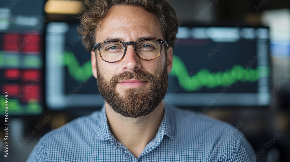 Obraz premium Professional trader with glasses, smiling confidently in front of stock market screens