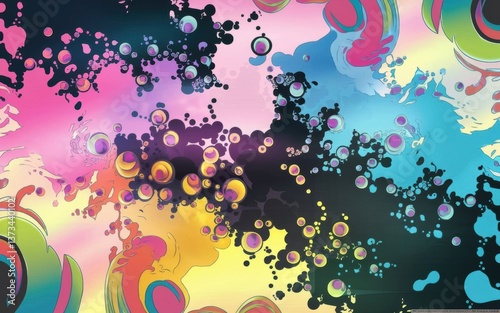 A vibrant abstract design featuring colorful swirls, bubbles, and patterns in shades of pink, blue, yellow, and black.