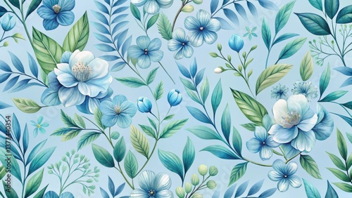 Serene Watercolor Floral Design Featuring Delicate Blue Flowers and Lush Green Foliage, Perfect for Textile Prints and Home Decor