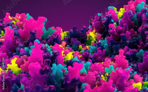 A vibrant, abstract landscape of colorful, swirling formations in shades of pink, blue, and yellow against a deep purple background.