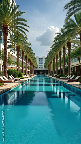 Luxury hotel pool surrounded by palm trees and blue sky  