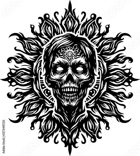 sketch vector illustration silhouette design icon logo symbol monochrome black white demon ghost zombie ethnic with scary aura