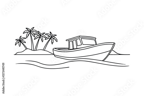 Tropical Island Escape Boat, Palms, Ocean, Paradise, Vacation, Cruise, Summer, Relaxation, Serenity,