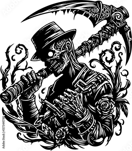 sketch vector illustration silhouette design icon logo symbol monochrome black white devil ghost zombie killer with scary aura