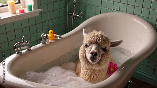 Adorable alpaca enjoys playful bath with bubbles and floating duck in green tiled bathroom