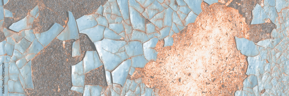 Texture of rusty metal with peeling enamel. Rough surface of painted metal with rust. Corroded and oxidized old iron. Rusted metal. Wide panoramic background for design.