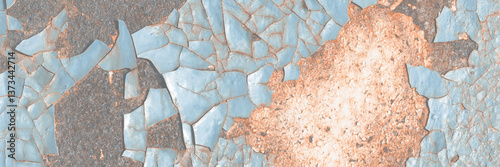 Obraz na płótnie Texture of rusty metal with peeling enamel. Rough surface of painted metal with rust. Corroded and oxidized old iron. Rusted metal. Wide panoramic background for design. w salonie