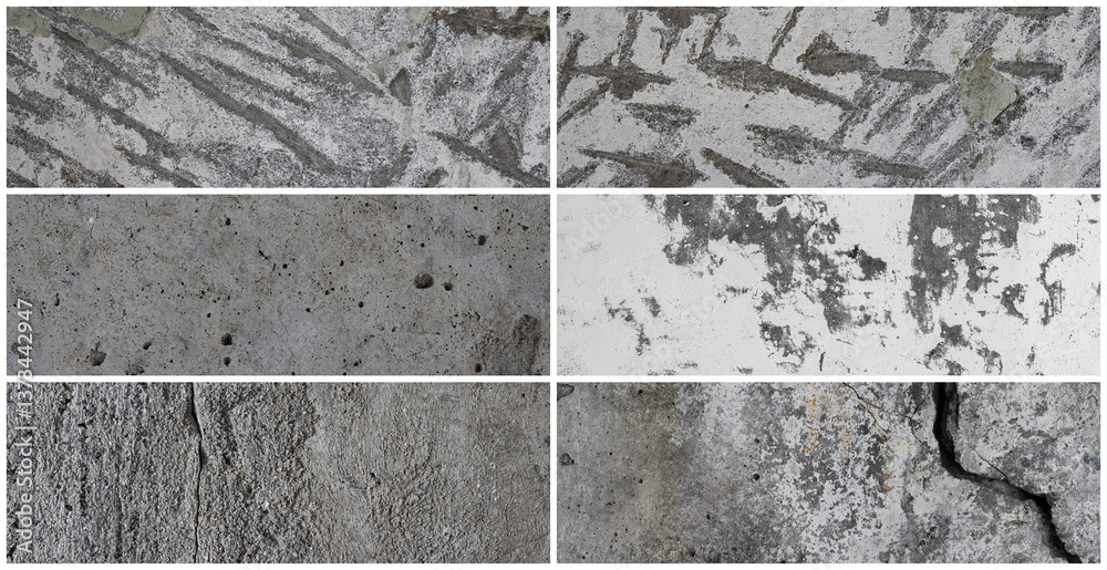 Texture set of old cracked concrete walls. Rough gray concrete surfaces. Collection of panoramic backgrounds for design.