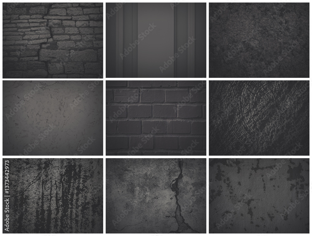 Set of dark background textures. Collection of textures with peeling paint, cracks, rust, scratches, stains, noise and grain. Faded dark rough surfaces of old walls. Bundle of backgrounds for design.