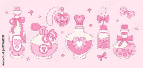 Vintage Coquette Pink Magic Bottles and Perfume with Ribbon Bow set. Romantic Girly Vibe. Vector illustration. Isolated Trendy Aesthetic beauty accessories and cosmetics in glass bottles with cork