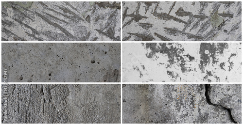Obraz na płótnie Texture set of old cracked concrete walls. Rough gray concrete surfaces. Collection of panoramic backgrounds for design. w salonie