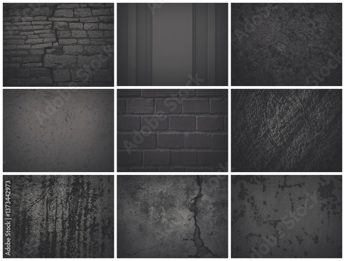 Obraz na płótnie Set of dark background textures. Collection of textures with peeling paint, cracks, rust, scratches, stains, noise and grain. Faded dark rough surfaces of old walls. Bundle of backgrounds for design. w salonie