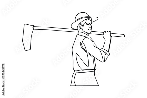 SingleLine Drawing Farmer, Hoe, Agriculture, Field, Labor, Rural, Countryside, Harvest, Work, 