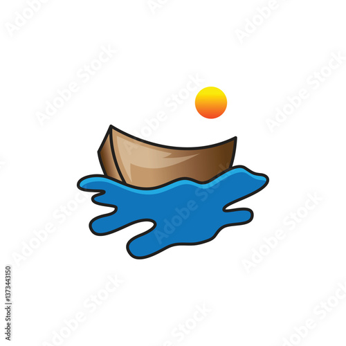 Wooden Boat on Water with Sun