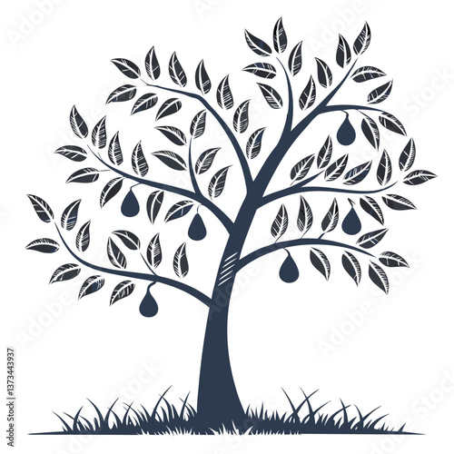 Artistic tree design with leaves and pears on a white background  